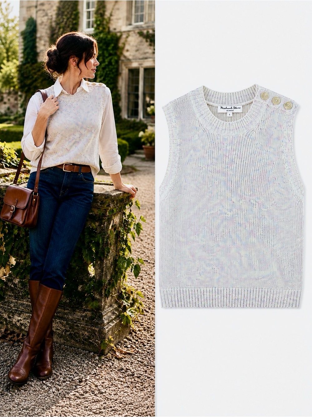 Michael Stars Carol Sweater Vest Large Chalk Marled Cotton Blend Knit Size Large